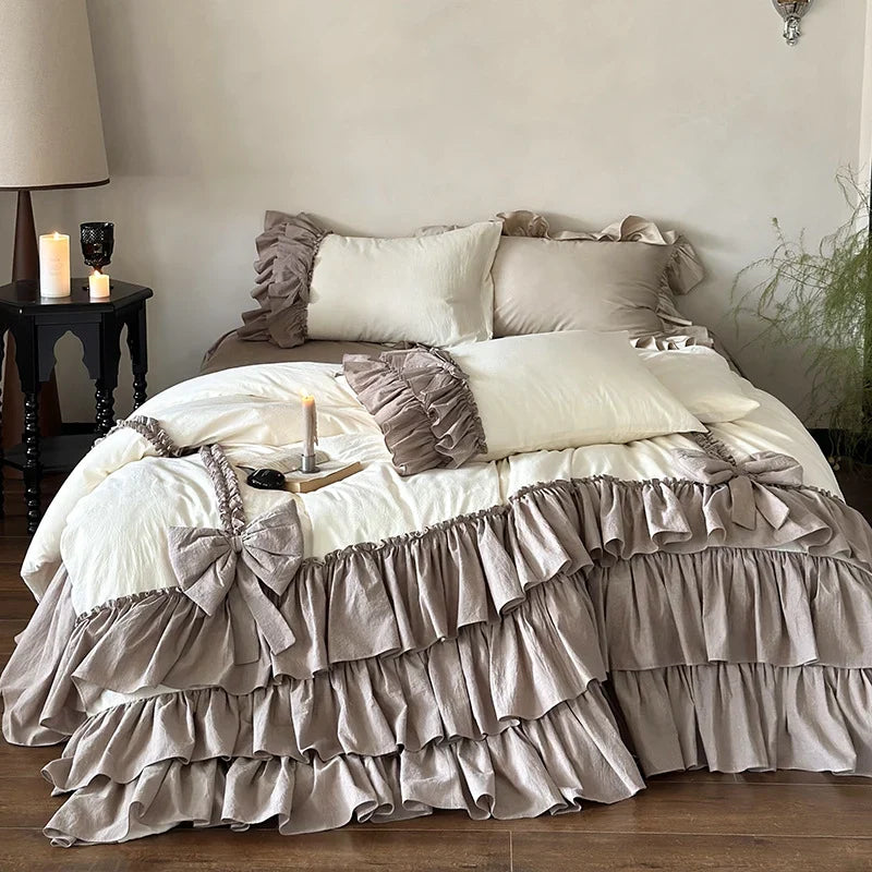 Bedding Set Layered Ruffle & Linen-Look 4-Piece With Bed Skirt