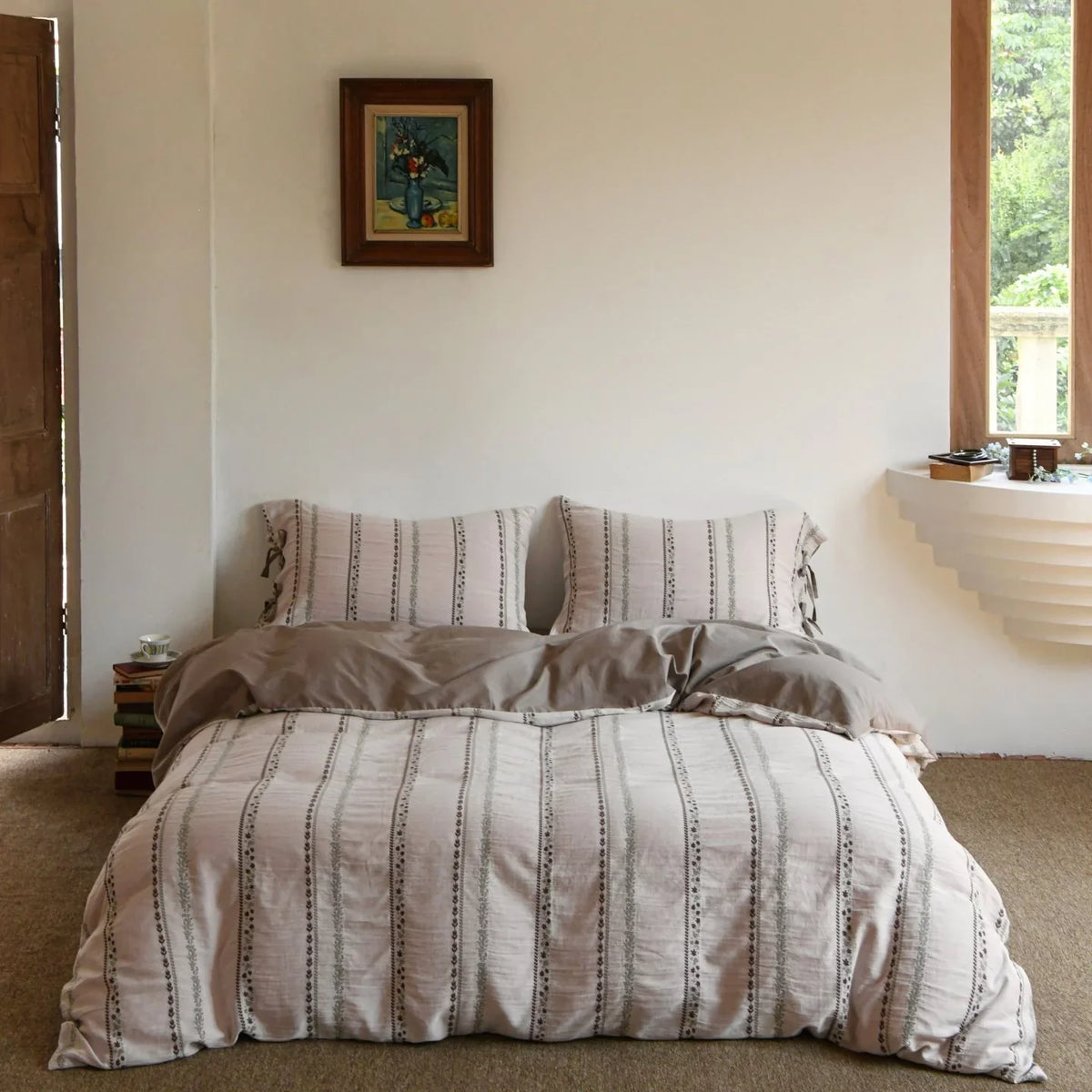 Bedding Set Lightweight Cotton Embroidered Stripes & Floral Accents