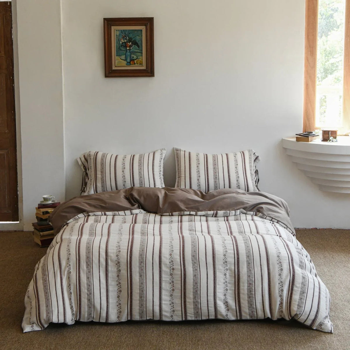 Bedding Set Lightweight Cotton Embroidered Stripes & Floral Accents