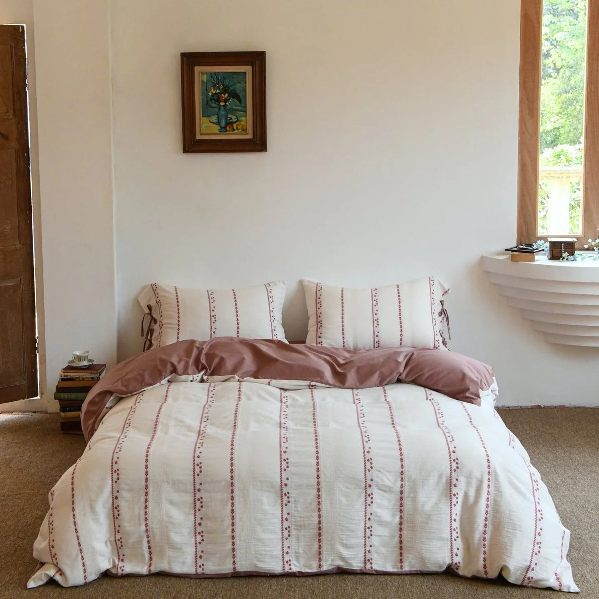 Bedding Set Lightweight Cotton Embroidered Stripes & Floral Accents