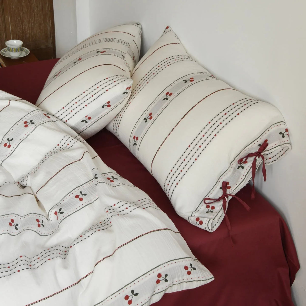 Bedding Set Lightweight Cotton Embroidered Stripes & Floral Accents