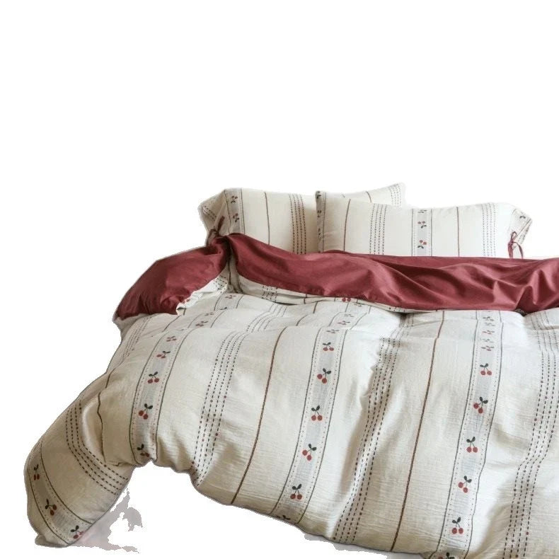 Bedding Set Lightweight Cotton Embroidered Stripes & Floral Accents