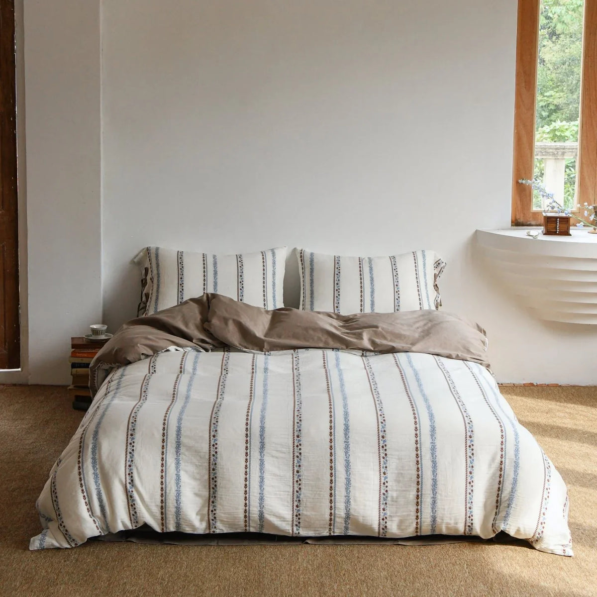 Bedding Set Lightweight Cotton Embroidered Stripes & Floral Accents