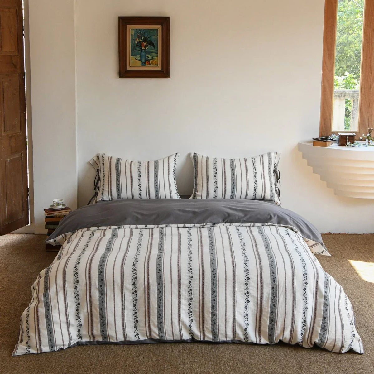Bedding Set Lightweight Cotton Embroidered Stripes & Floral Accents