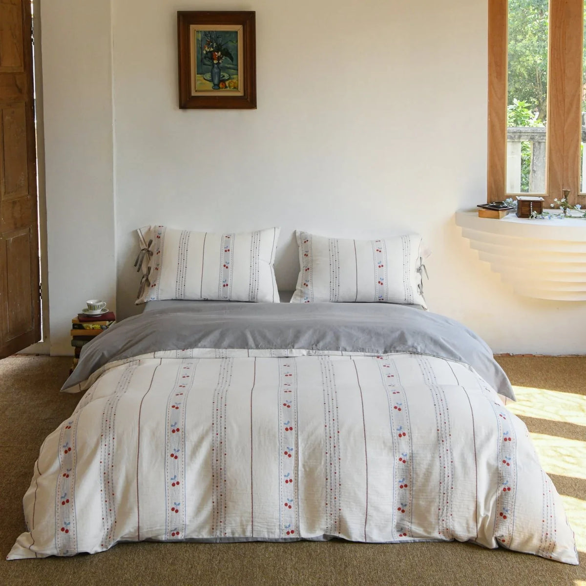 Bedding Set Lightweight Cotton Embroidered Stripes & Floral Accents