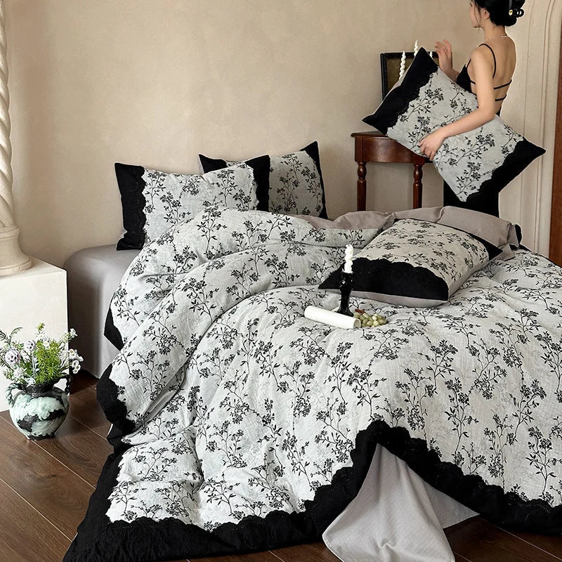 Bedding Set Linen-Cotton 4-Piece Floral Print & Lace Trim