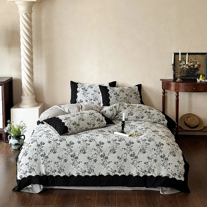 Bedding Set Linen-Cotton 4-Piece Floral Print & Lace Trim