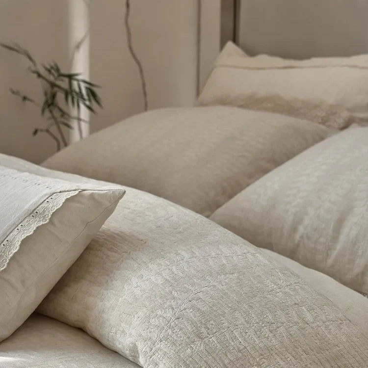 Bedding Set Linen-Cotton Breathable Floral Ruffled Set of 4
