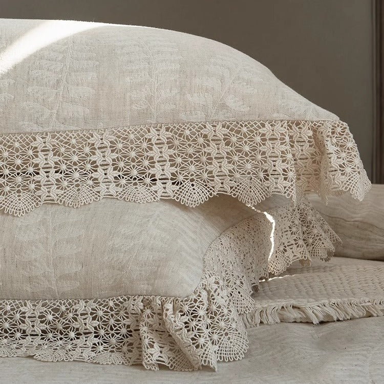 Bedding Set Linen-Cotton Breathable Floral Ruffled Set of 4