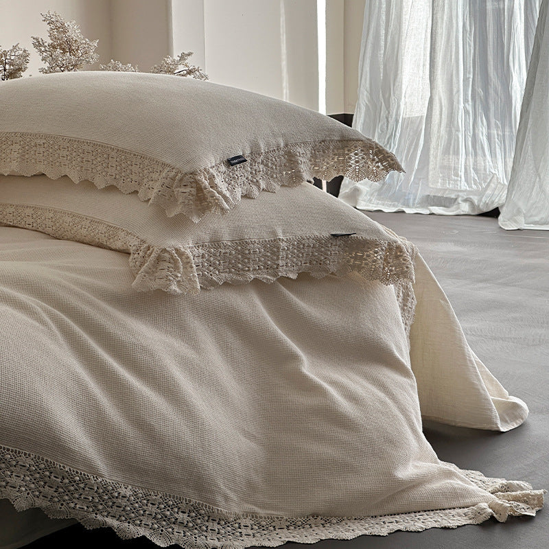 Bedding Set Linen-Look Cotton Blend Crocheted Lace Trim