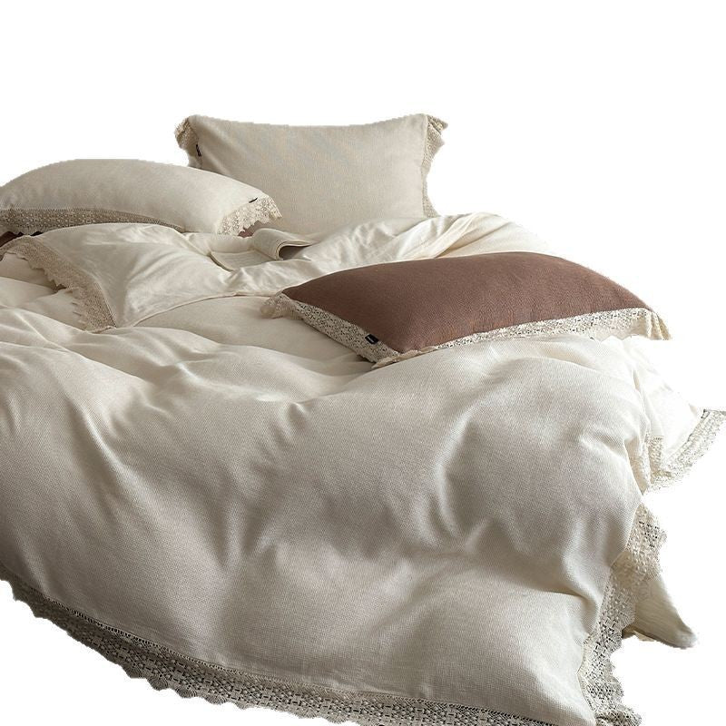 Bedding Set Linen-Look Cotton Blend Crocheted Lace Trim