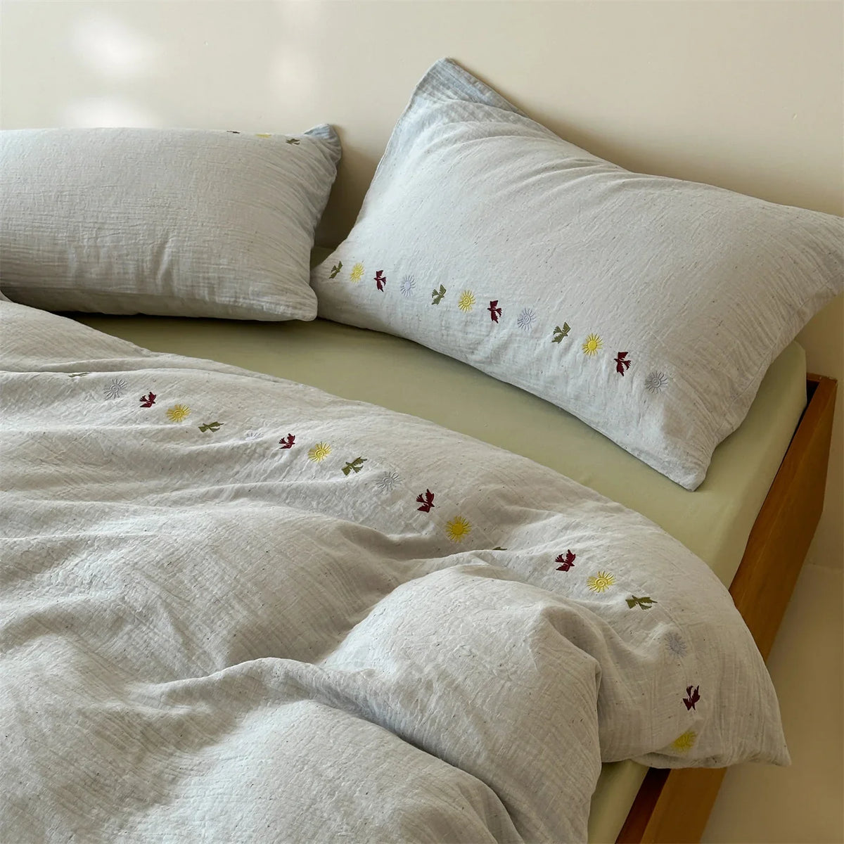 Bedding Set Linen-Look Cotton Blend Embroidered