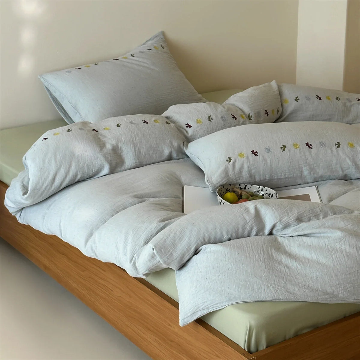 Bedding Set Linen-Look Cotton Blend Embroidered