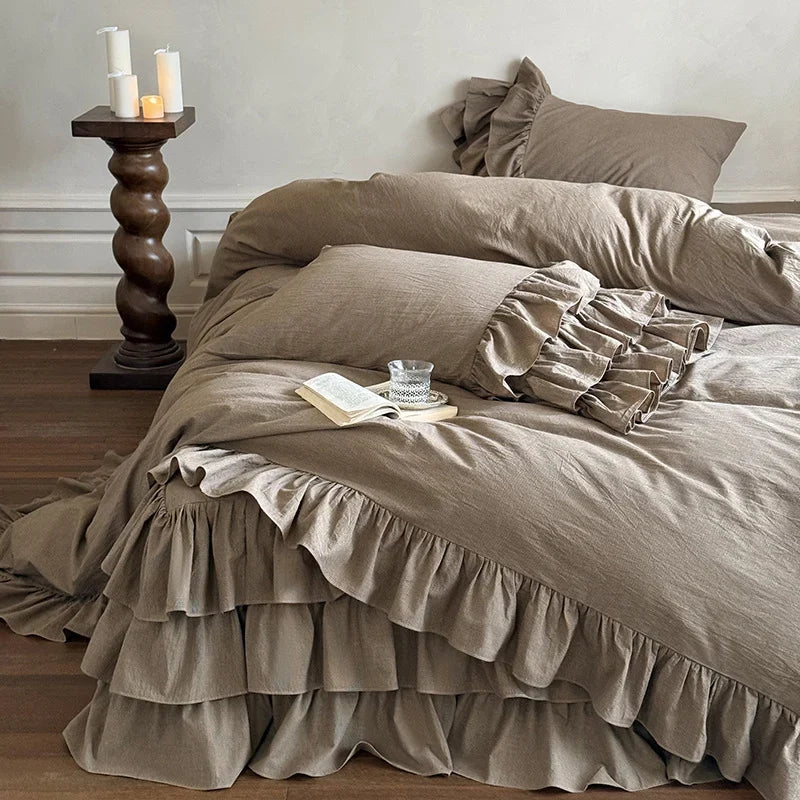 Bedding Set Linen-Look Ruffled 4-Piece