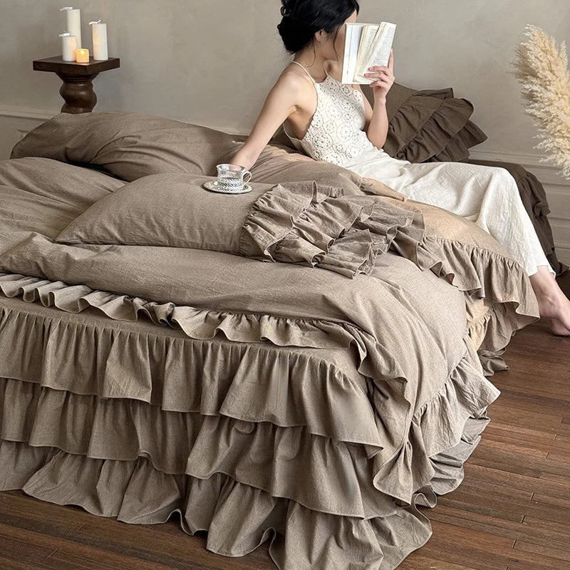 Bedding Set Linen-Look Ruffled 4-Piece