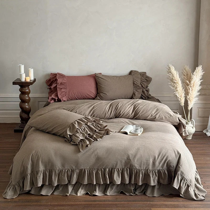 Bedding Set Linen-Look Ruffled 4-Piece