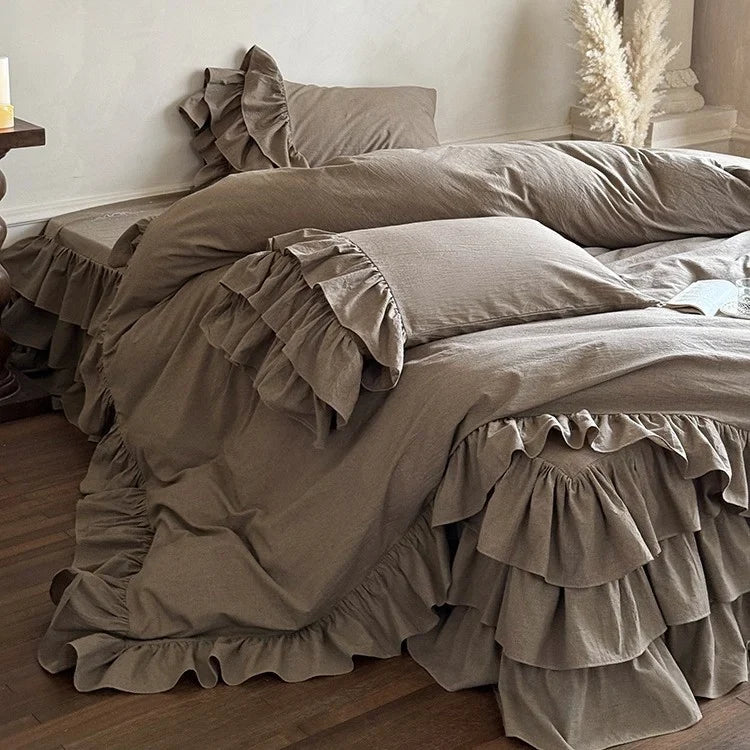 Bedding Set Linen-Look Ruffled 4-Piece
