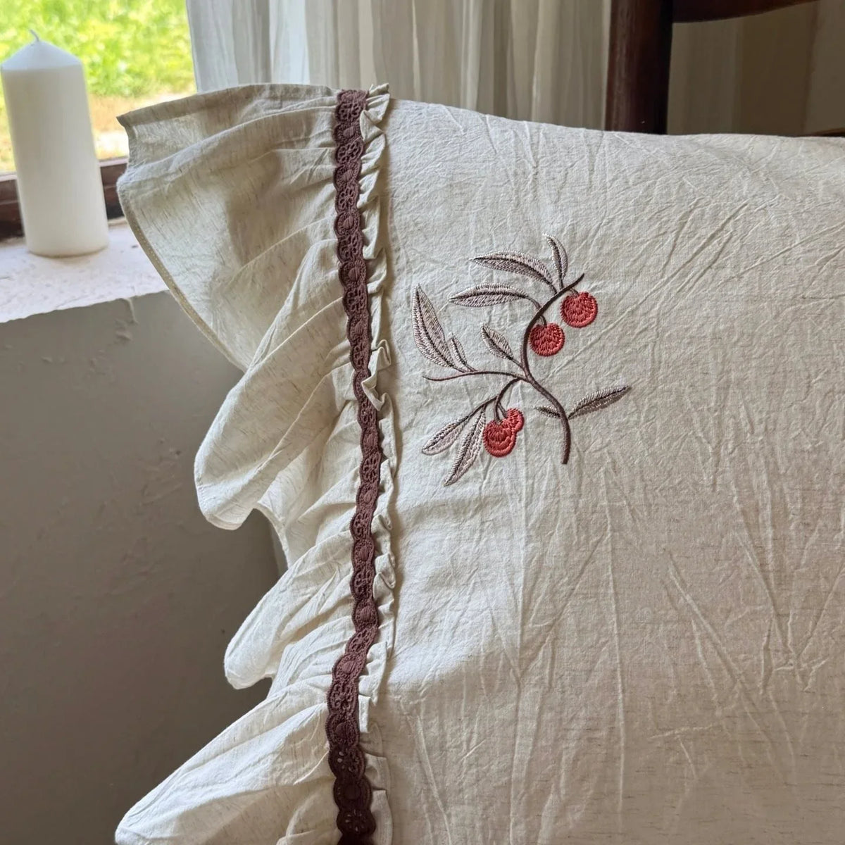 Bedding Set Natural Linen Cherry Embroidery Ruffled Edge