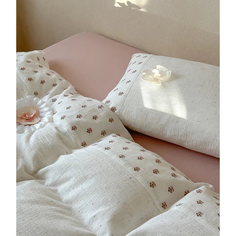 Bedding Set Organic Cotton Muslin Floral Embroidery 4-Piece