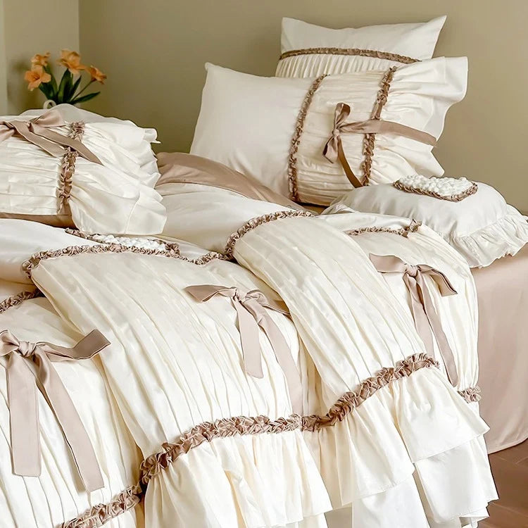 Bedding Set Pleated Ruffles & Bow Accents Cotton Blend