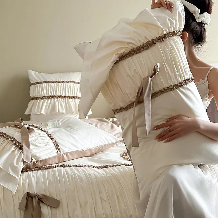 Bedding Set Pleated Ruffles & Bow Accents Cotton Blend