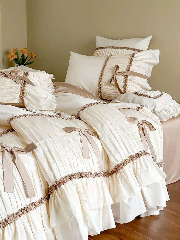 Bedding Set Pleated Ruffles & Bow Accents Cotton Blend