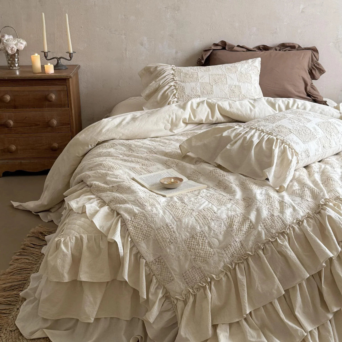 Bedding Set Quilted Ruffled Cotton With Bed Skirt