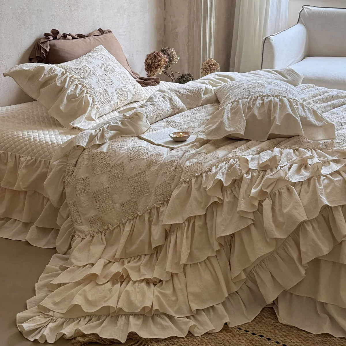 Bedding Set Quilted Ruffled Cotton With Bed Skirt