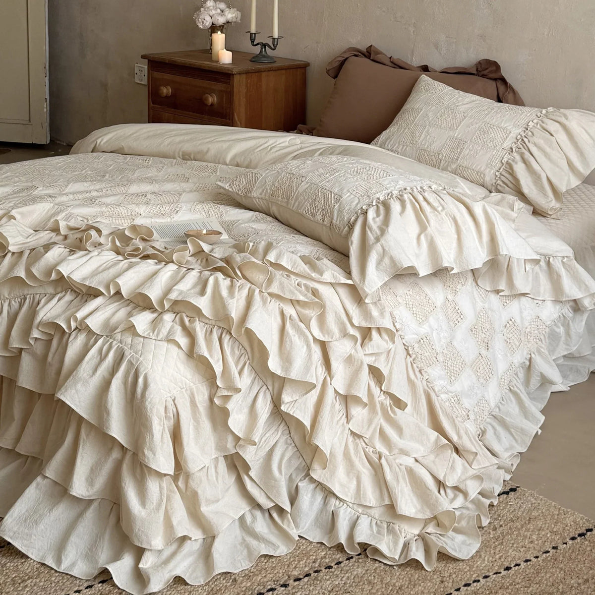 Bedding Set Quilted Ruffled Cotton With Bed Skirt