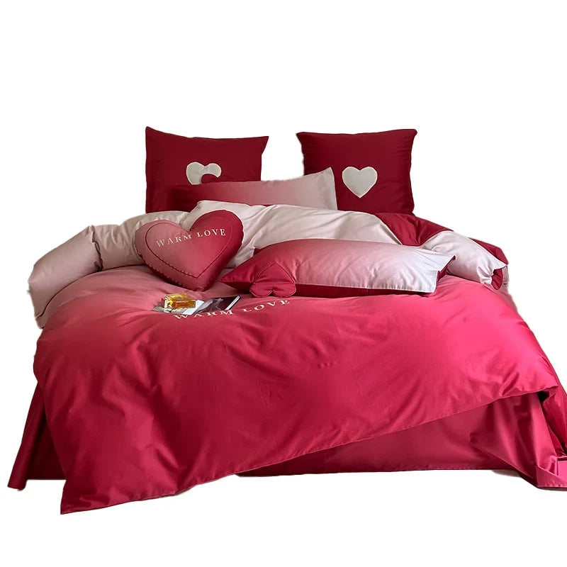 Bedding Set Reversible Cotton Satin 4-Piece Heart Appliqué