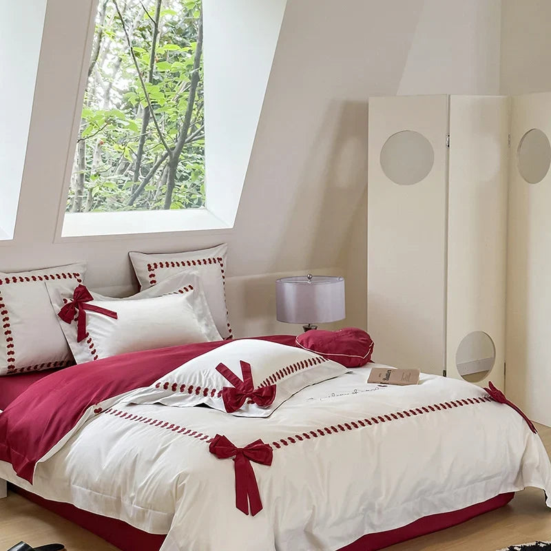 Bedding Set Reversible Cotton Satin Bow Appliqués & Embroidery