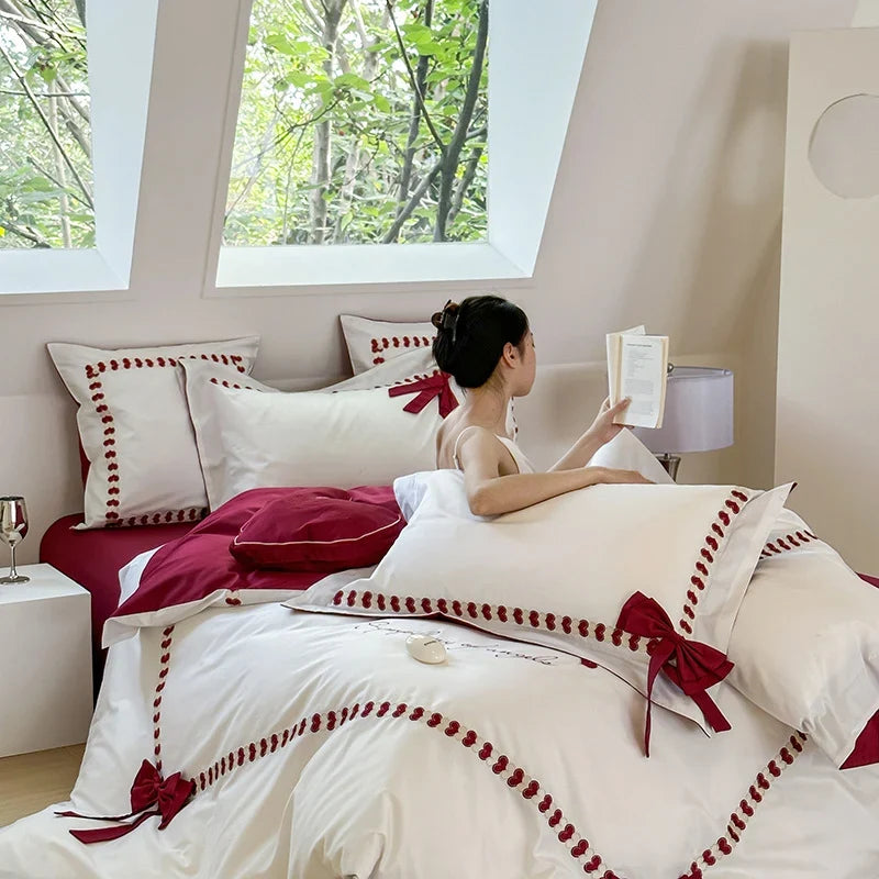 Bedding Set Reversible Cotton Satin Bow Appliqués & Embroidery