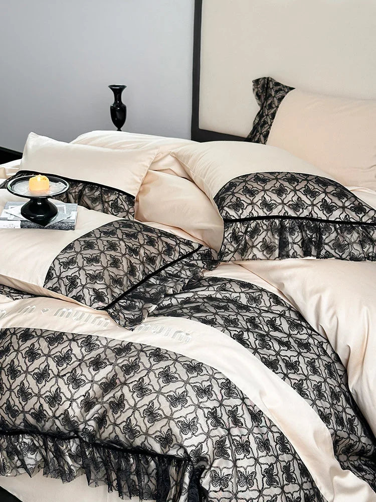 Bedding Set Reversible Cotton Satin Jacquard & Ruffles