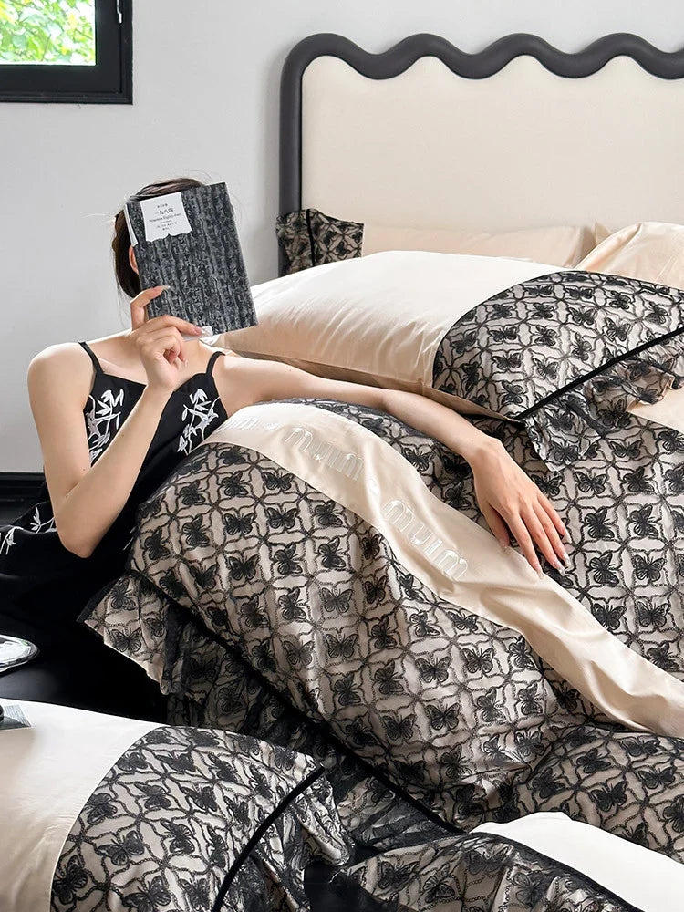 Bedding Set Reversible Cotton Satin Jacquard & Ruffles