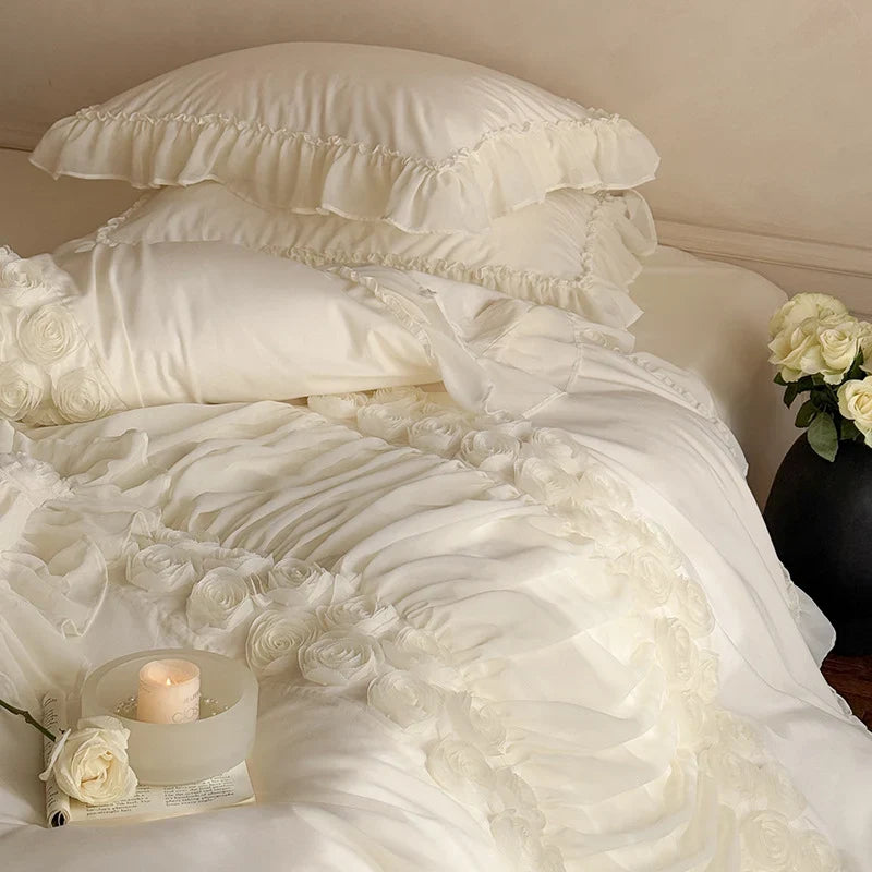Bedding Set Ruffled Edges & Rose Appliques