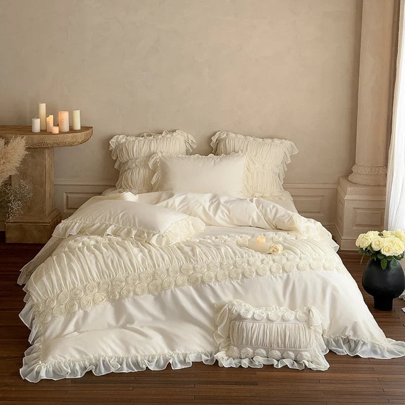 Bedding Set Ruffled Edges & Rose Appliques