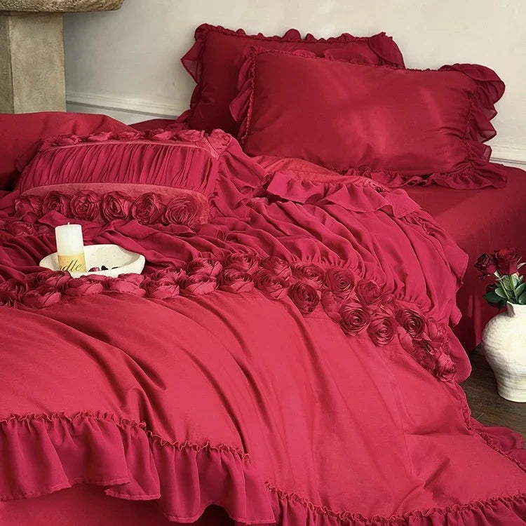 Bedding Set Ruffled Edges & Rose Appliques