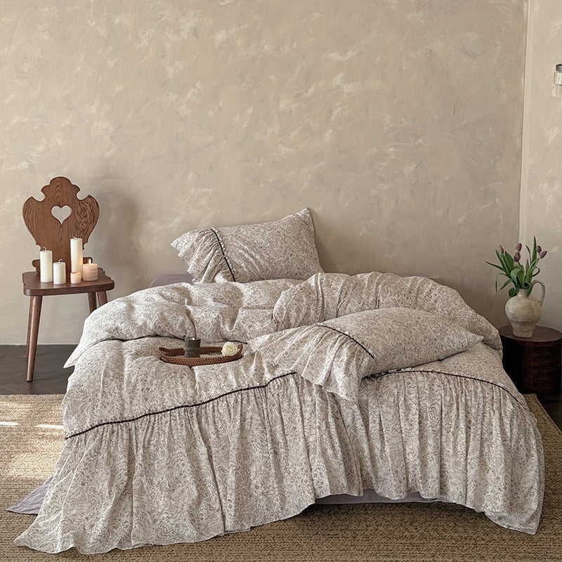 Bedding Set Ruffled Hem & Floral Cotton Blend 4 Piece