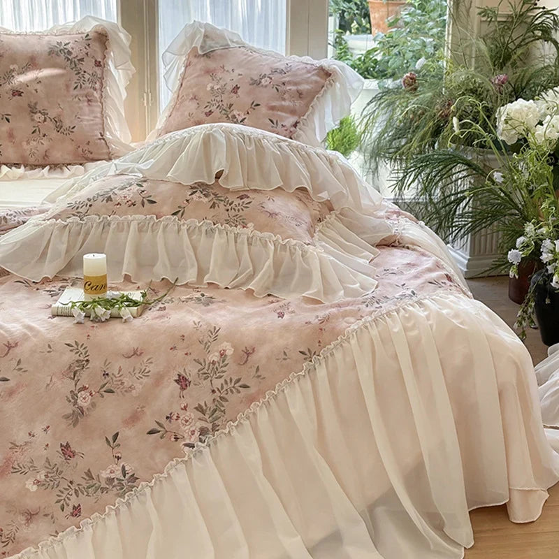 Bedding Set Ruffled Vintage Floral Cotton Blend