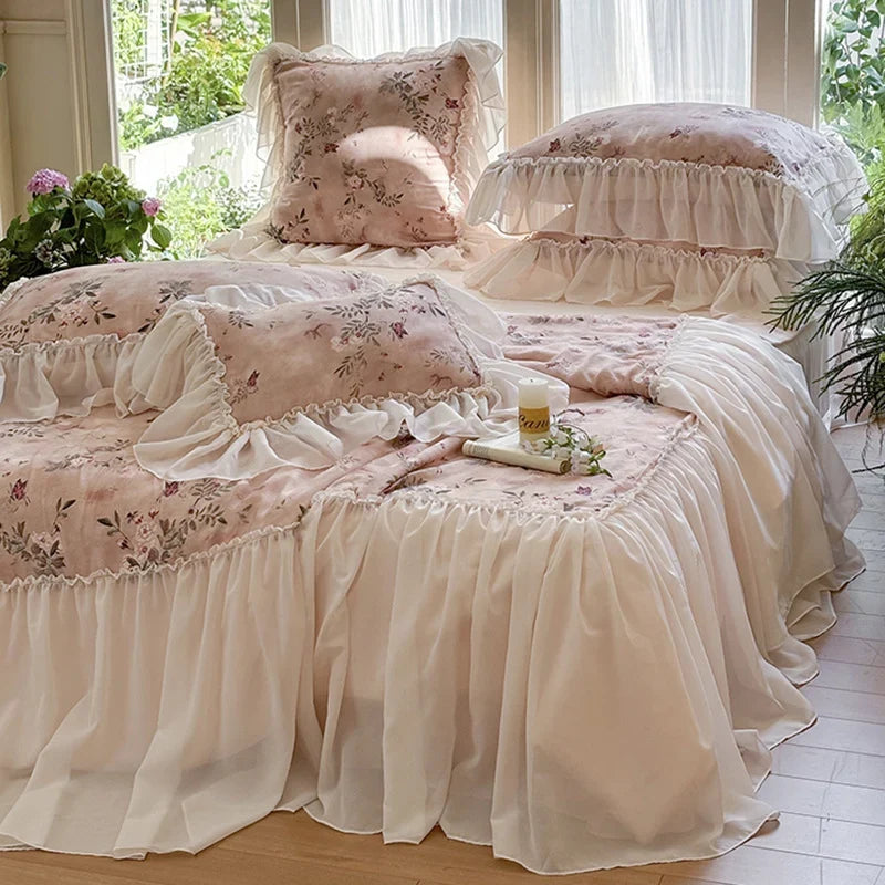 Bedding Set Ruffled Vintage Floral Cotton Blend