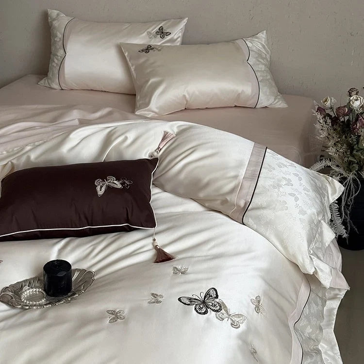 Bedding Set Satin Cotton Blend Embroidered Butterfly 4-Piece