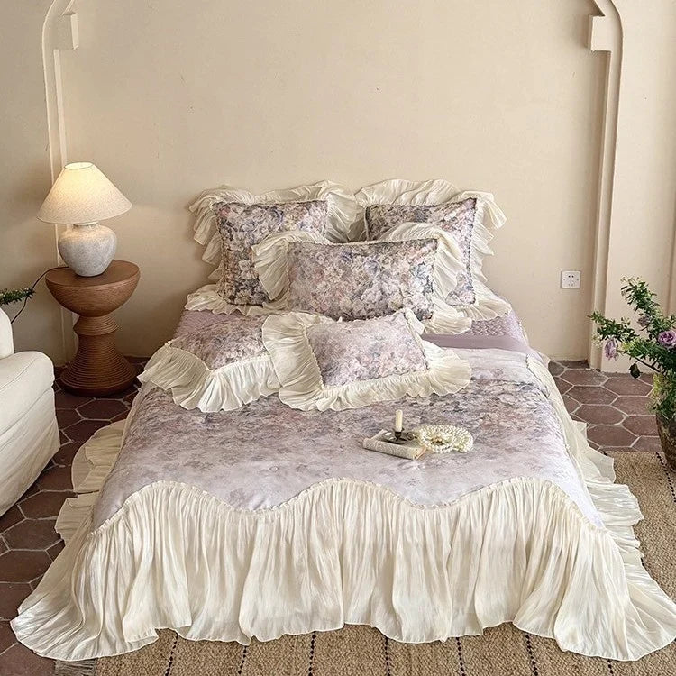 Bedding Set Satin Cotton Blend Pleated Ruffles