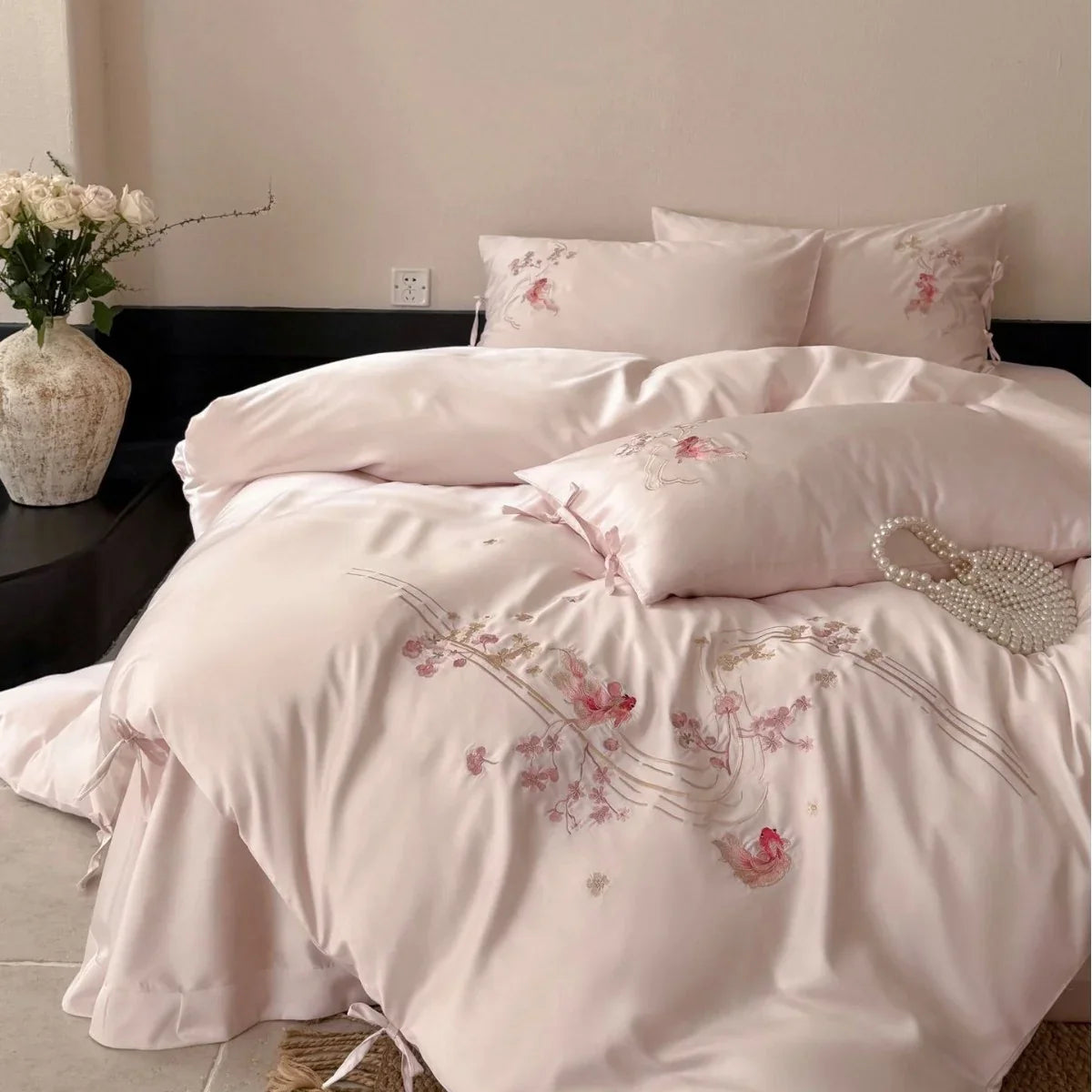 Bedding Set Satin Floral Embroidery 4-Piece