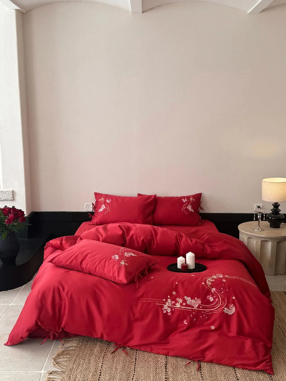 Bedding Set Satin Floral Embroidery 4-Piece
