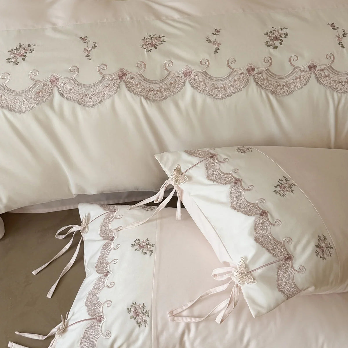 Bedding Set Satin Floral Embroidery & Ruffled Edges