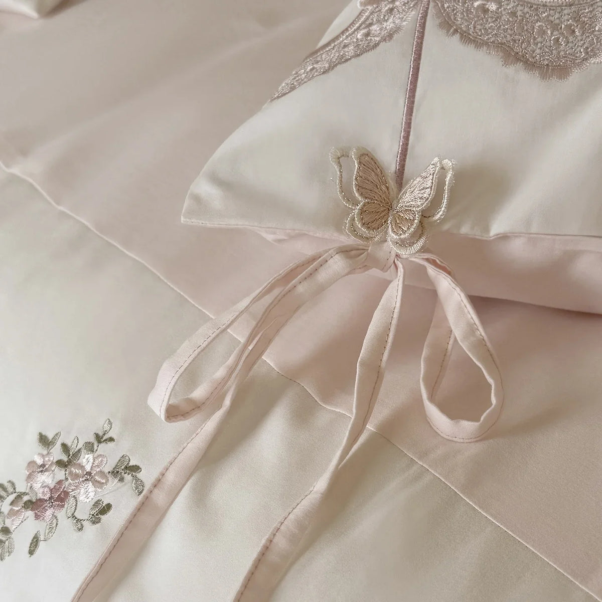 Bedding Set Satin Floral Embroidery & Ruffled Edges