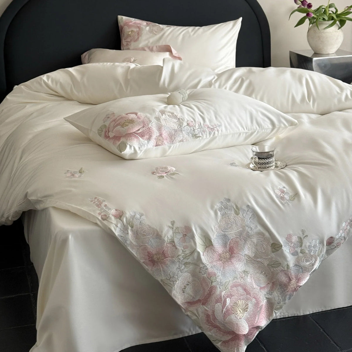 Bedding Set Satin Floral Relief Embroidery 4 Piece