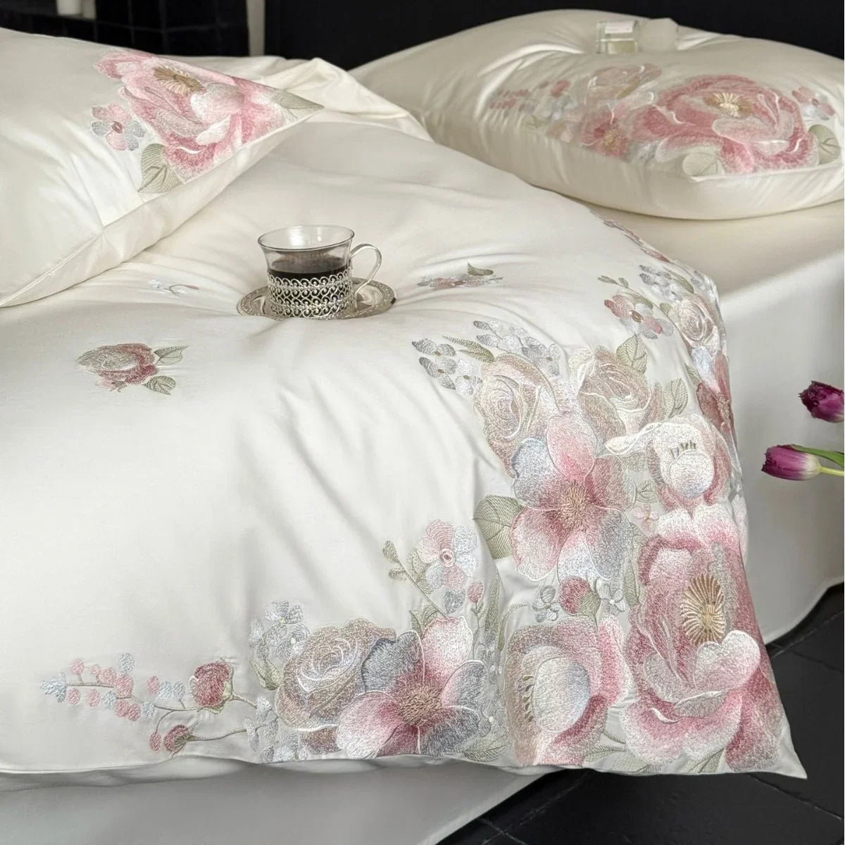 Bedding Set Satin Floral Relief Embroidery 4 Piece