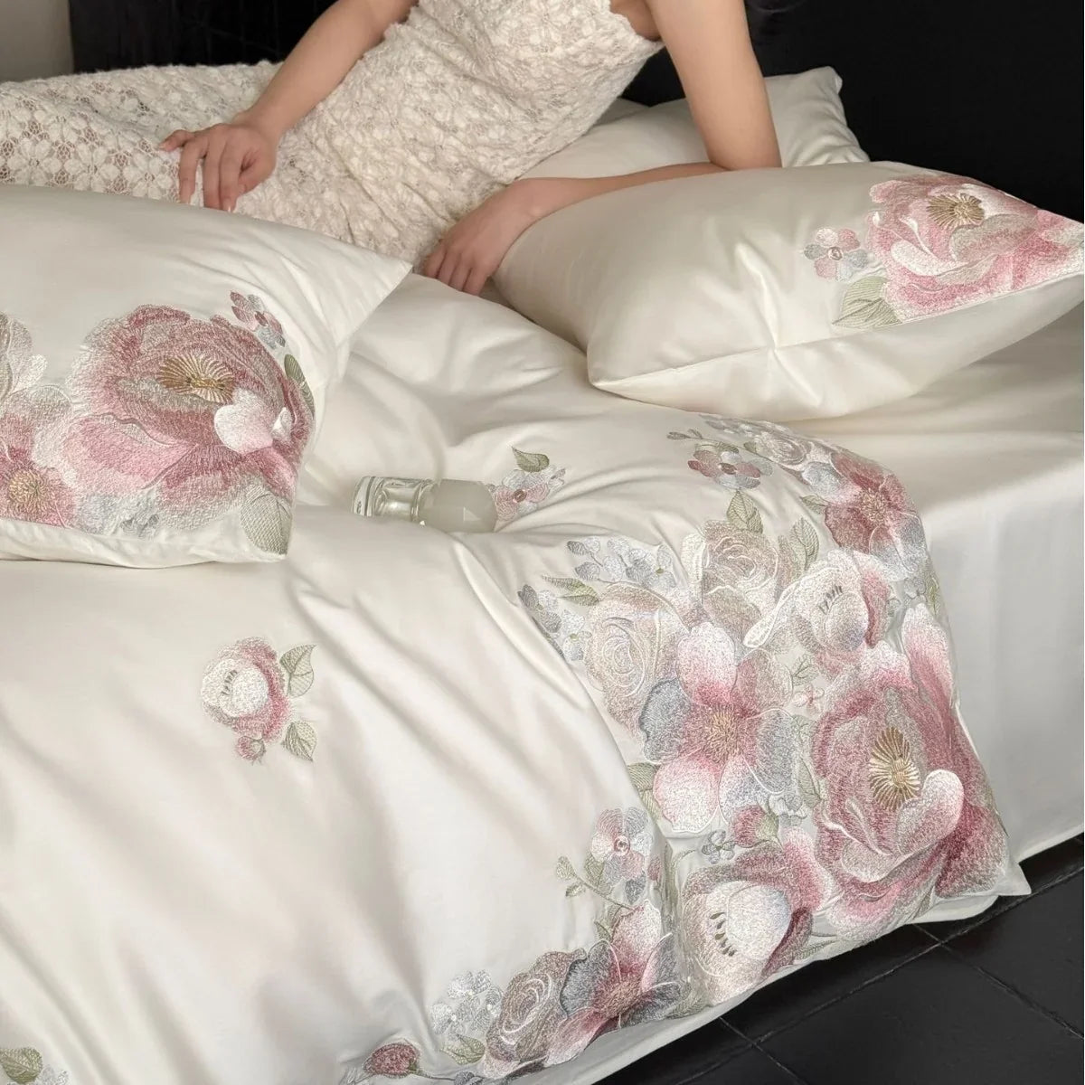 Bedding Set Satin Floral Relief Embroidery 4 Piece
