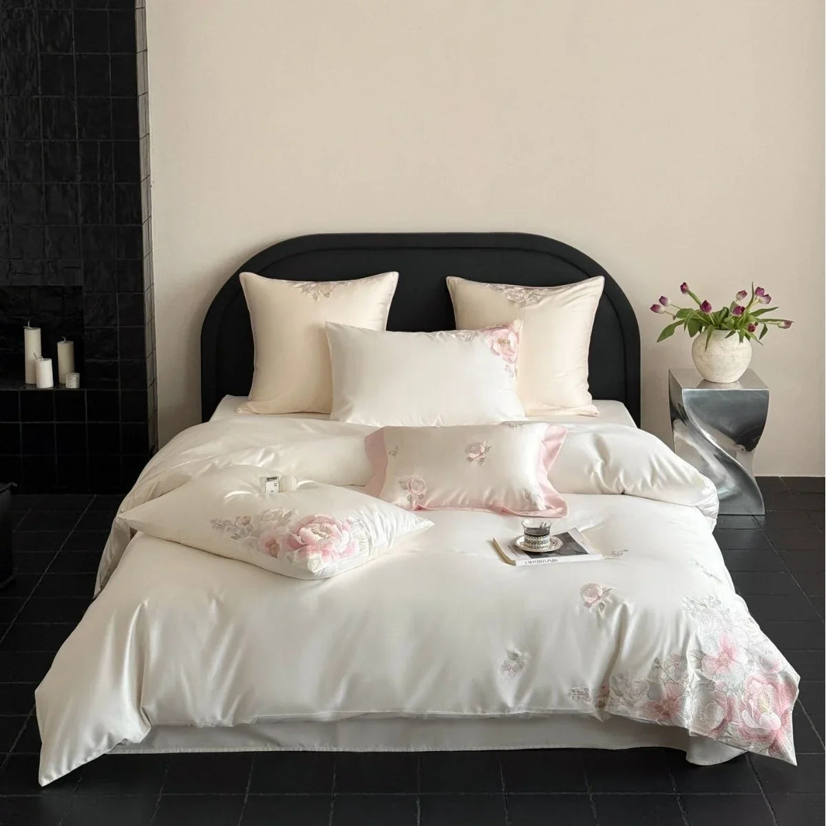 Bedding Set Satin Floral Relief Embroidery 4 Piece